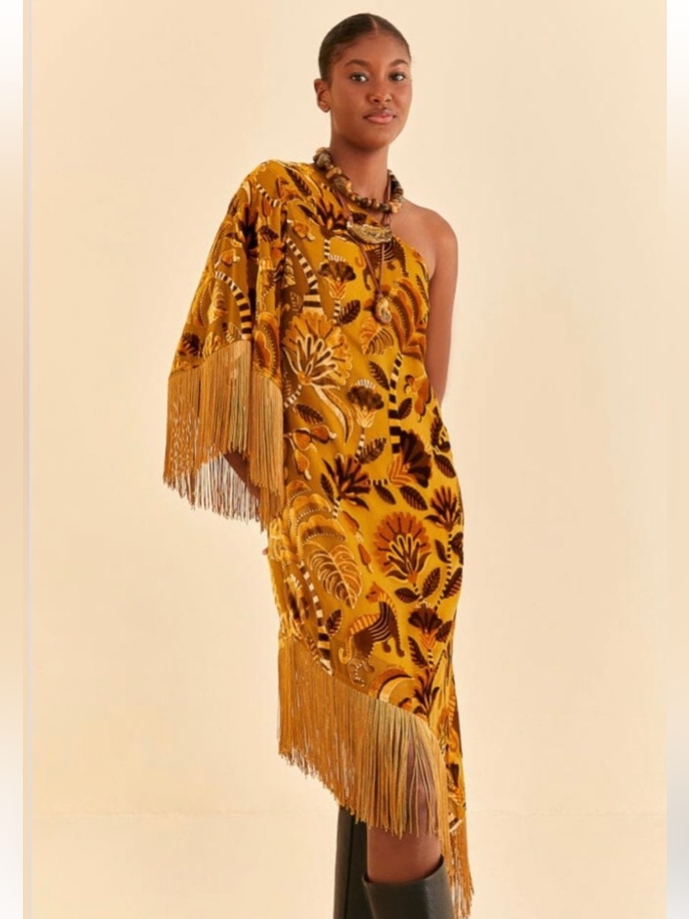 Farm Rio Velvet One-Shoulder Fringe Dress